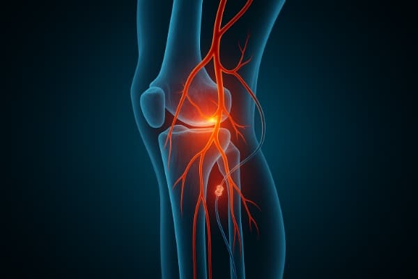 Illustration of the knee with the genicular arteries highlighted around the joint