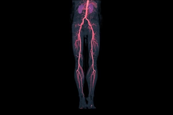 CT angiogram of the leg arteries, showing the arterial tree from the pelvis down to the feet