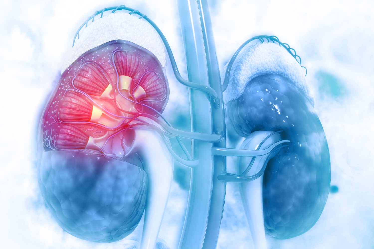 Illustration of a pair of kidneys, one shown in cross-section with the internal structures highlighted