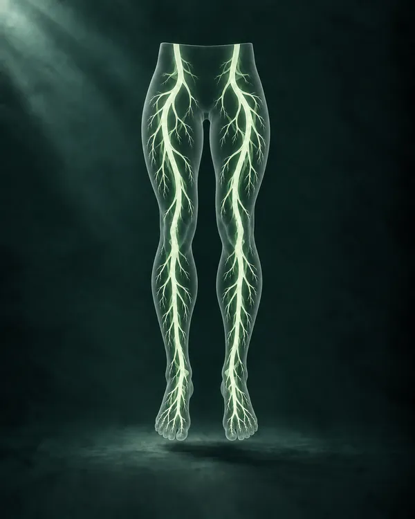 Translucent pair of legs against a dark green background, with branching blood vessels glowing softly in green from the hips to the feet