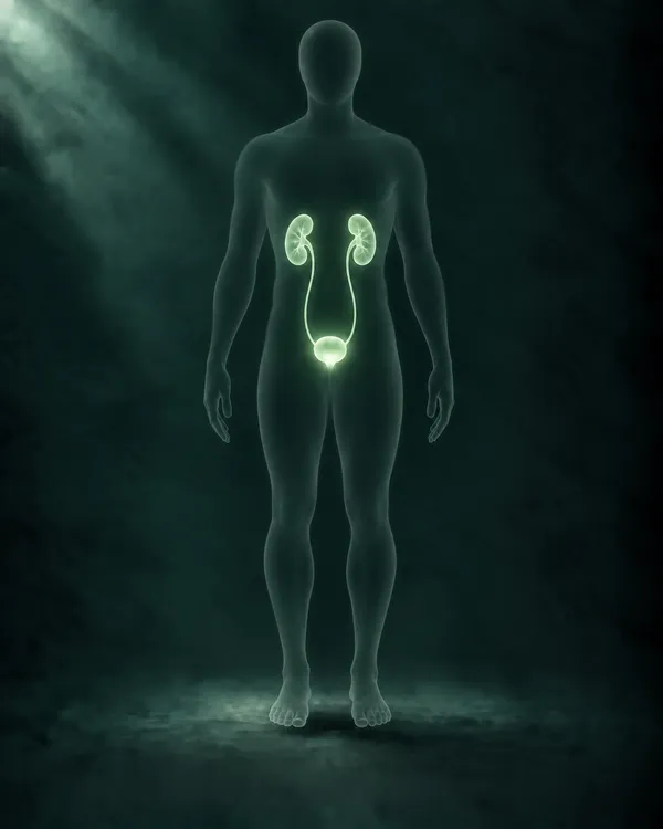 Translucent human figure with the urinary tract — kidneys, ureters, and bladder — glowing softly in green