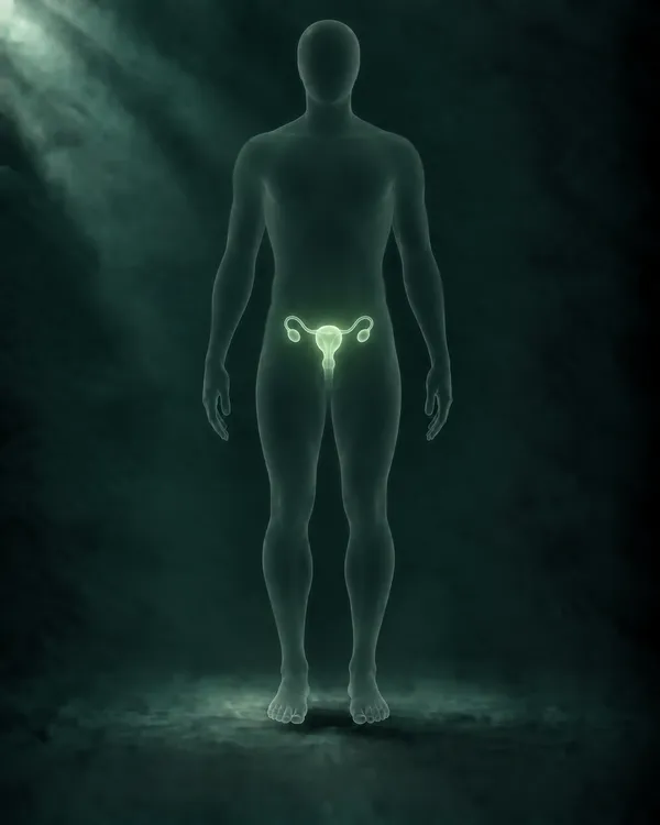 Translucent human figure with the uterus, fallopian tubes, and ovaries glowing softly in green at the pelvis