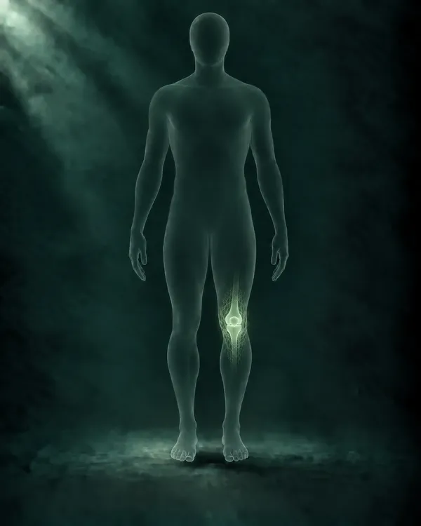 Translucent human figure with one knee joint and the blood vessels around it glowing softly in green
