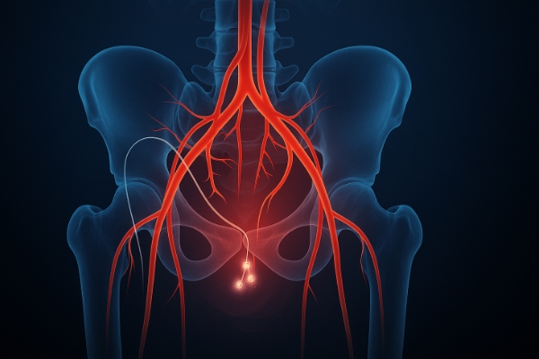 Illustration of the pelvic arterial anatomy with the hemorrhoidal arteries highlighted